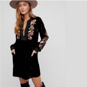 Free People Mia Embroidered Black Velvet Tunic Dress Size XS